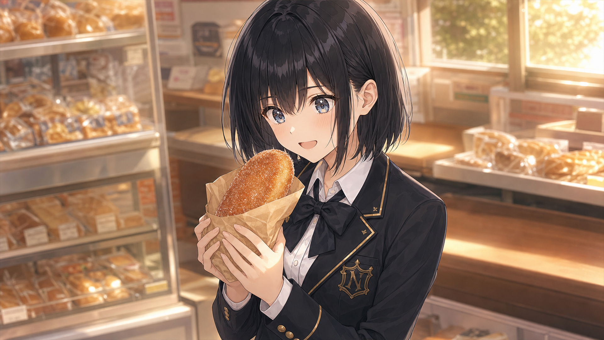 放課後のパン屋で揚げパンを手に微笑む少女