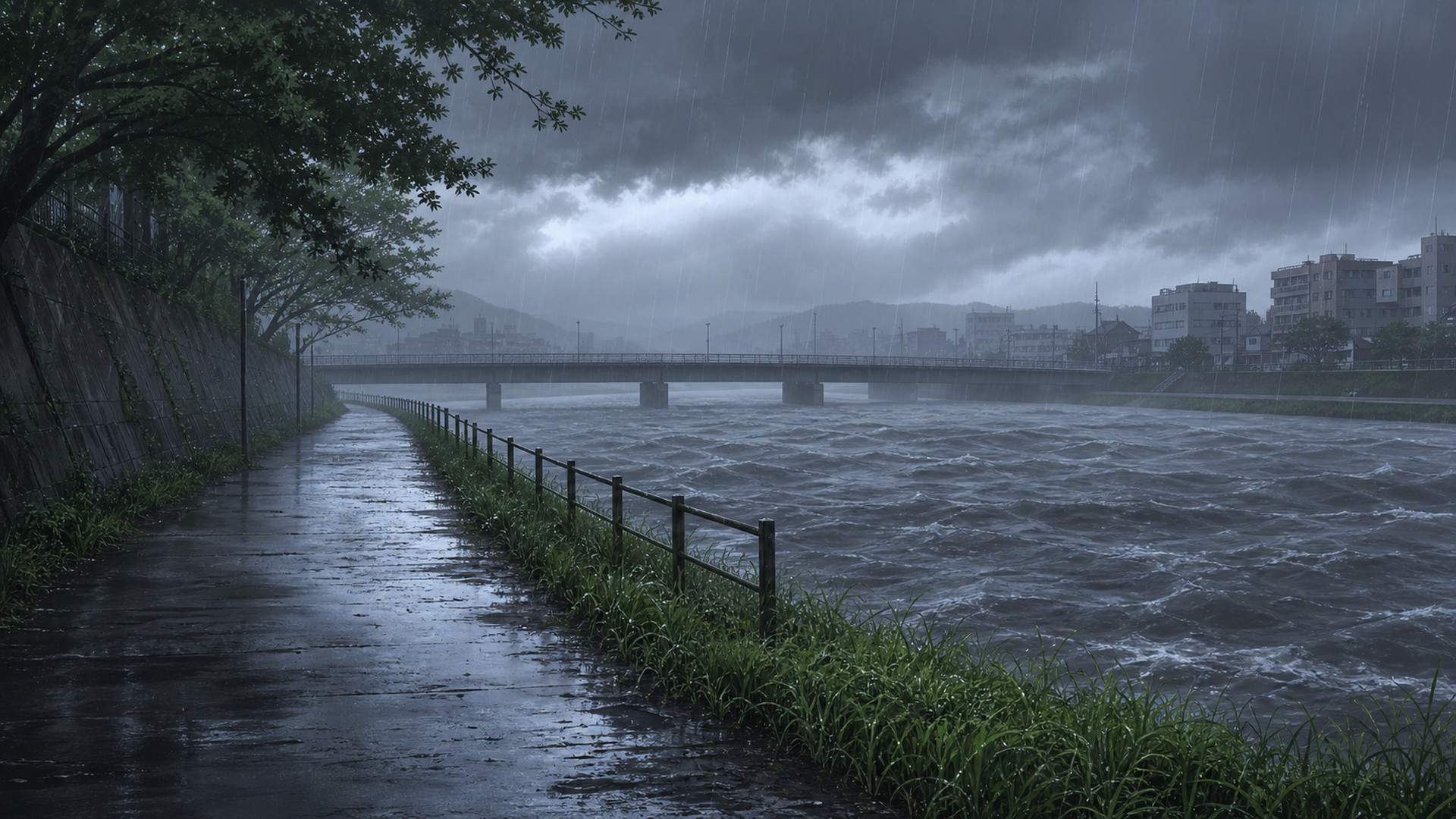 雨に濡れた河川敷