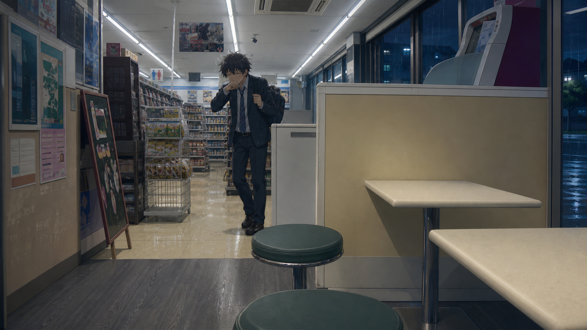 雨の夜のコンビニに立つ少年